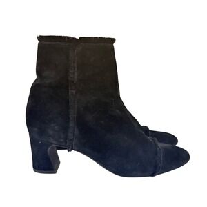 Jildor Black Suede Ankle Boots Women's Size 8.5 Fringe Trim Block Heel Zip